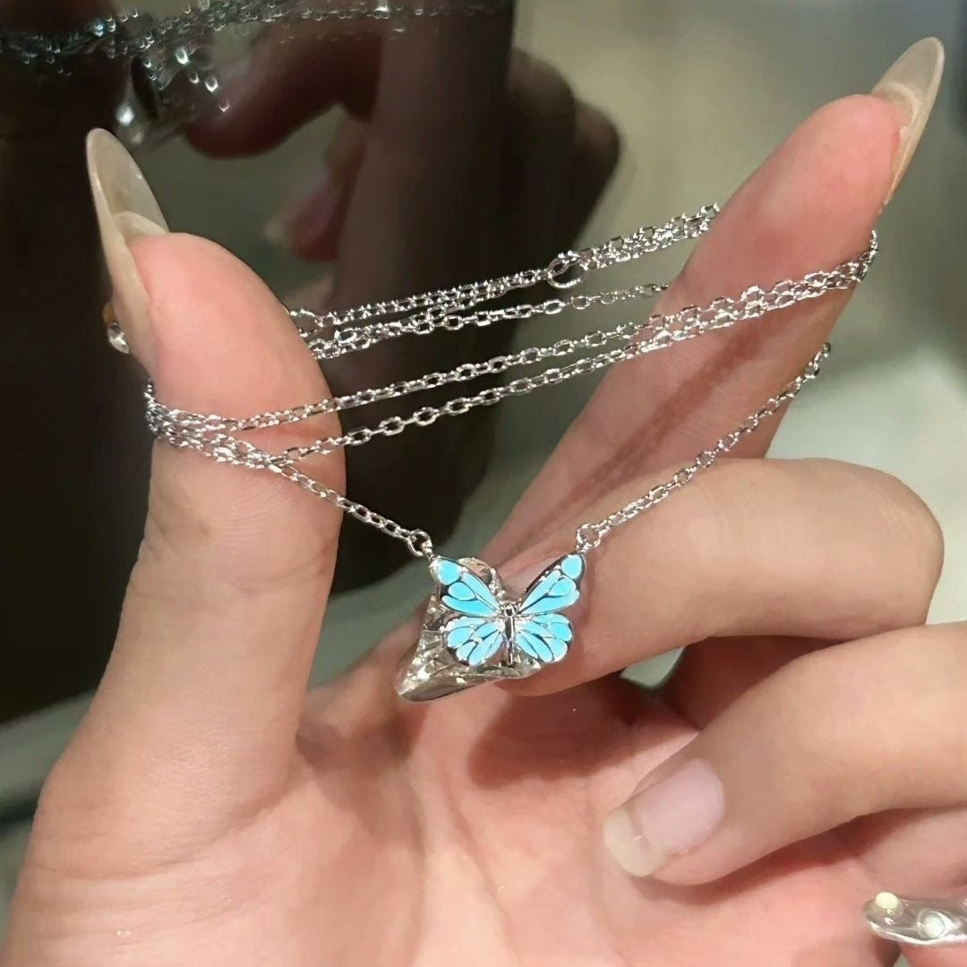 Blue Luminous Butterfly Necklace And Bracelet Set